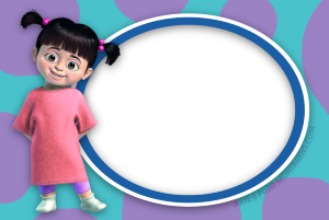 Boo Monstros S.A. vestido rosa, moldura azul, fundo verde círculos roxo.