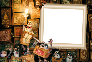 Personagens Boxtrolls, caixas papelão, lâmpada, moldura quadrada bege, fundo  marrom embalagens antigas.