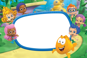 Turma Bubble Guppies, Peixinho Laranja, cenário subaquático, moldura azul.