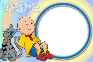 Caillou e gato Gilbert sentados, moldura circular azul, fundo círculos pastéis.