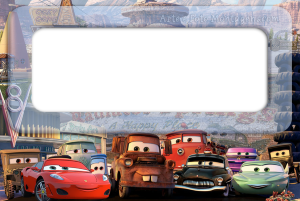 Relâmpago McQueen Carros Disney, pista corrida, arquibancadas, moldura retangular azul clara borda preta branca.
