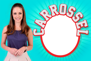 Professora Helena e alunos Carrossel, logo arco, moldura retangular pink borda selo, fundo laranja raios sol.