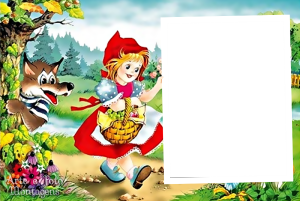 Chapeuzinho Vermelho chibi, Lobo Mau árvore, moldura vermelha formato orgânico, fundo quadriculado listrado.
