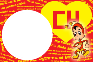 Chapolin Colorado, anteninhas, marreta, moldura circular branca, fundo amarelo coração frases.