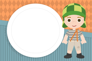 Chaves animado chibi, boné verde, moldura circular cinza clara, fundo painéis laranja azul.