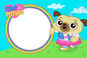 Pug Chip, ratinha Potato, arco-íris, logo, moldura circular verde escura borda arco-íris, fundo céu grama.