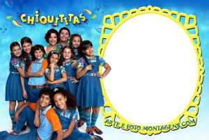 Elenco Chiquititas, logo programa, moldura amarela formato sol, fundo azul nuvens.