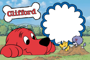 Cão Clifford vermelho gigante, cachorrinhos, logo osso, moldura azul formato flor, fundo parque.