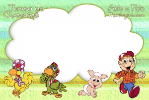 Personagens Turma Cocoricó (Júlio, Alípio, Lilica, porquinho), moldura branca formato nuvem, fundo listrado verde bege.