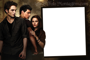 Edward, Jacob, Bella (Crepúsculo), pose dramática, moldura retangular marrom escura textura madeira, fundo escuro floresta.