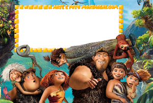 Família Croods reunida, paisagem pré-histórica, moldura retangular laranja borda amarela tijolinhos.