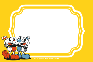 Cuphead e Mugman sorrindo, moldura preta formato cinema antigo, bordas brancas amarelas, fundo amarelo.