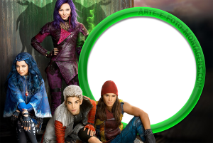 Mal, Evie, Jay, Carlos (Descendentes), moldura circular preta borda verde neon, fundo escuro dragão.