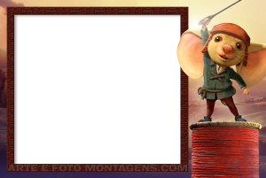 Ratinho Despereaux, chapéu, agulha espada, carretel linha, moldura retangular marrom texturizada, fundo paisagem medieval.