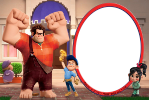 Ralph, Felix Jr., Vanellope (Detona Ralph), prédio, moldura oval azul escura borda vermelha.