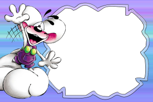 Ratinho Diddl branco, macacão roxo, saltando, moldura branca irregular bordas azuis roxas, fundo listrado.