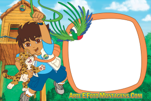 Diego (Go, Diego, Go!), Baby Jaguar, pássaro quetzal, cipó, moldura marrom formato caverna, fundo floresta.