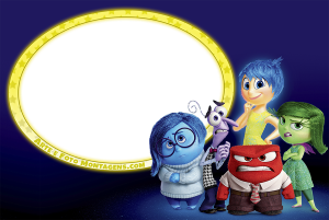 Emoções Divertida Mente (Alegria, Tristeza, Medo, Raiva, Nojinho, Ansiedade), moldura oval amarela borda estrelada, fundo azul escuro.