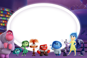 Todas emoções Divertida Mente 2, moldura oval branca borda roxa listrada, fundo sala comando.