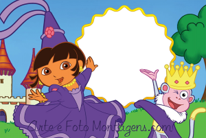 Dora Aventureira princesa, Botas rei, moldura amarela ondulada, fundo castelo árvores.