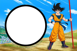 Goku Dragon Ball, pose luta, bastão mágico, moldura circular borda branca, fundo paisagem montanhas.