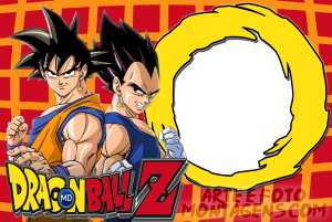 Goku e Vegeta Dragon Ball Z, logo anime, moldura amarela irregular, fundo laranja quadriculado.