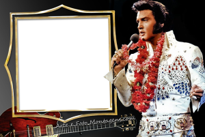 Elvis Presley cantando, roupa branca, guitarra, moldura retangular bege borda dourada, fundo cinza escuro.