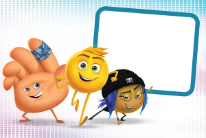 Emojis Gene, High Five, Jailbreak (Emoji Filme), moldura retangular azul cantos arredondados, fundo branco pixels.