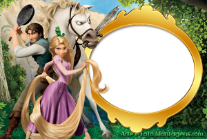 Rapunzel, Flynn Rider, Maximus (Enrolados), moldura oval dourada ornamentada, fundo floresta.