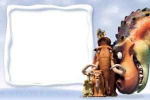 Personagens Era do Gelo (Manny, Sid, Diego, Scrat, dinossauro), moldura branca bordas azuis onduladas (gelo), fundo neve.