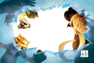 Sid, Diego, Manny (Era do Gelo) quebrando parede gelo, moldura branca irregular rachada, logo ICE AGE.