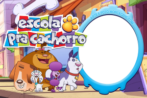 Cães Escola Pra Cachorro, logo desenho, moldura azul formato espelho, fundo cidade colorida.