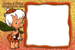 Bam-Bam Flintstones, porrete, moldura retangular branca borda laranja preta irregular, fundo texturizado laranja.