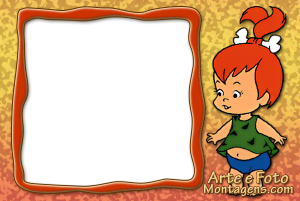 Pedrita Flintstones, vestido verde, moldura bege texturizada borda laranja preta irregular, fundo texturizado laranja.