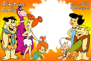 Família Flintstone e Rubbles, moldura retangular branca dividida, fundo laranja amarelo.