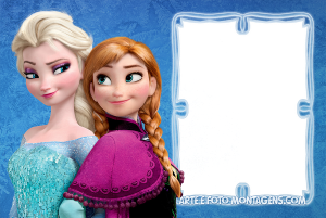 Elsa e Anna Frozen, vestidos, moldura retangular vertical azul borda branca gelo, fundo azul gelo.