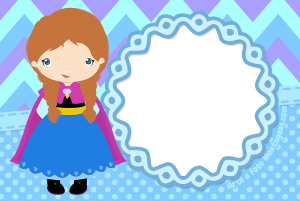 Anna Frozen chibi, capa rosa, moldura azul clara ondulada, fundo chevron azul lilás poá.
