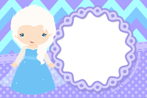 Elsa Frozen chibi, vestido azul, moldura lilás ondulada, fundo chevron azul lilás poá, flocos neve.