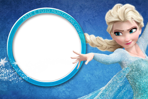 Elsa Frozen, vestido gelo, poderes, moldura circular azul, fundo azul flocos neve.