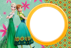Elsa e Anna Frozen Febre Congelante, vestidos festa, moldura circular laranja, fundo azul-petróleo flores sóis.