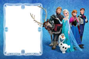 Elenco Frozen (Kristoff, Sven, Elsa, Anna, Hans, Olaf), moldura retangular vertical branca borda azul gelo, fundo azul gelo.