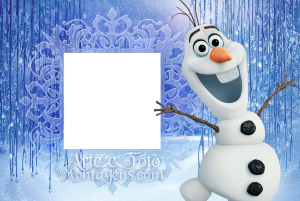 Olaf Frozen sorrindo, moldura retangular branca borda azul, fundo azul pingentes gelo ornamentos neve.