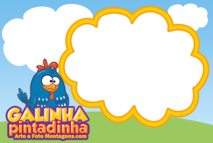 Galinha Pintadinha, logo oficial, moldura branca formato nuvem borda laranja, fundo céu nuvens gramado.