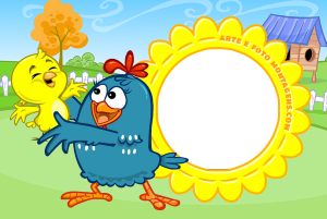 Galinha Pintadinha sorrindo, moldura laranja formato irregular borda amarela, fundo céu grama arco-íris.