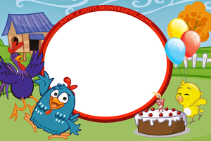 Galinha Pintadinha, Galo, Pintinho, bolo aniversário, balões, moldura circular vermelha, cenário fazenda.