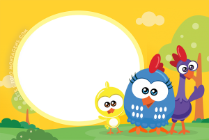 Galinha Pintadinha, Pintinho, Galo, casinha azul, moldura circular amarela clara, fundo gramado céu sol.