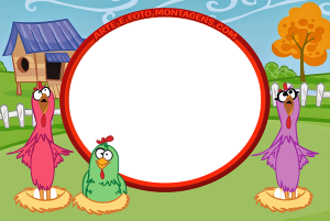 Três galinhas cantoras (Galinha Pintadinha), ninhos, fazenda, moldura circular vermelha.