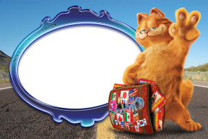 Gato Garfield acenando, mala viagem adesivos, moldura oval azul escura borda prateada, estrada deserto.