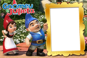 Gnomeu e Julieta, gnomos jardim, logo filme, moldura retangular vertical dourada ornamentada, jardim florido.