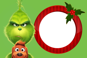 O Grinch e cachorro Max, moldura circular vermelha listrada, azevinho, fundo verde.